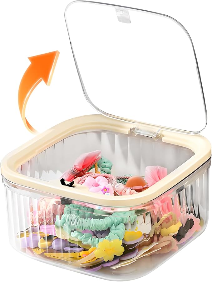 THMINS Hair Accessories Organizer for Girls,Small Plastic Storage Box with Lid for Kids Hair Clips,Ties,Bows&Jewelry,Stackable Dust-Proof Flip Top Container,Desktop Organizer(Clear)