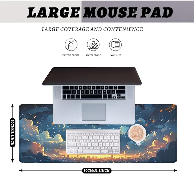 Clouds Sky Gaming Mouse Pad Cartoon Dreamy Night White Clouds Stars Large Gaming Mouse Mat with Stitched Edges,Non-Slip Waterproof Rubber Base Mous Mat 31.5x11.8 in