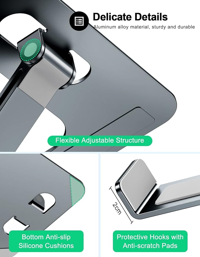 RIWUCT Foldable Aluminum Alloy Laptop Stand for Desk, Height Adjustable Ergonomic Computer Stand, Portable Laptop Riser Holder Notebook Mount Compatible with MacBook Pro Air/HP/Dell 10-16", Gray