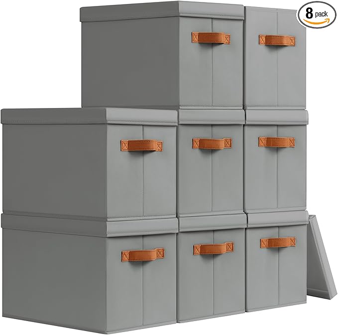 Homsorout Storage Bins with Lids - Fabric Storage Baskets for Shelves, 8 Pack Foldable Decorative Boxes with Handles, Stackable Organizer Bins for Home, Nursery, Dorm, Grey