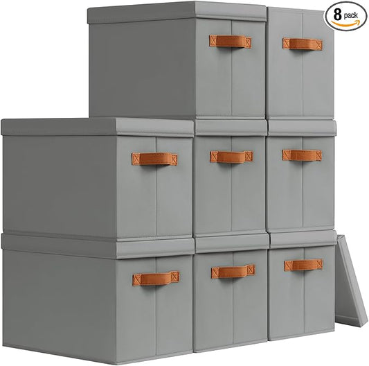 Homsorout Storage Bins with Lids - Fabric Storage Baskets for Shelves, 8 Pack Foldable Decorative Boxes with Handles, Stackable Organizer Bins for Home, Nursery, Dorm, Grey