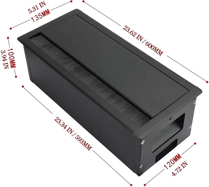Aluminum Cable Management Box Under Desk No-Drill - Flip-Top Cable Organizer with Dustproof Brush, Clamp-On 24" Long Cable/Cord Management Tray Black for Home Office Standing Desk