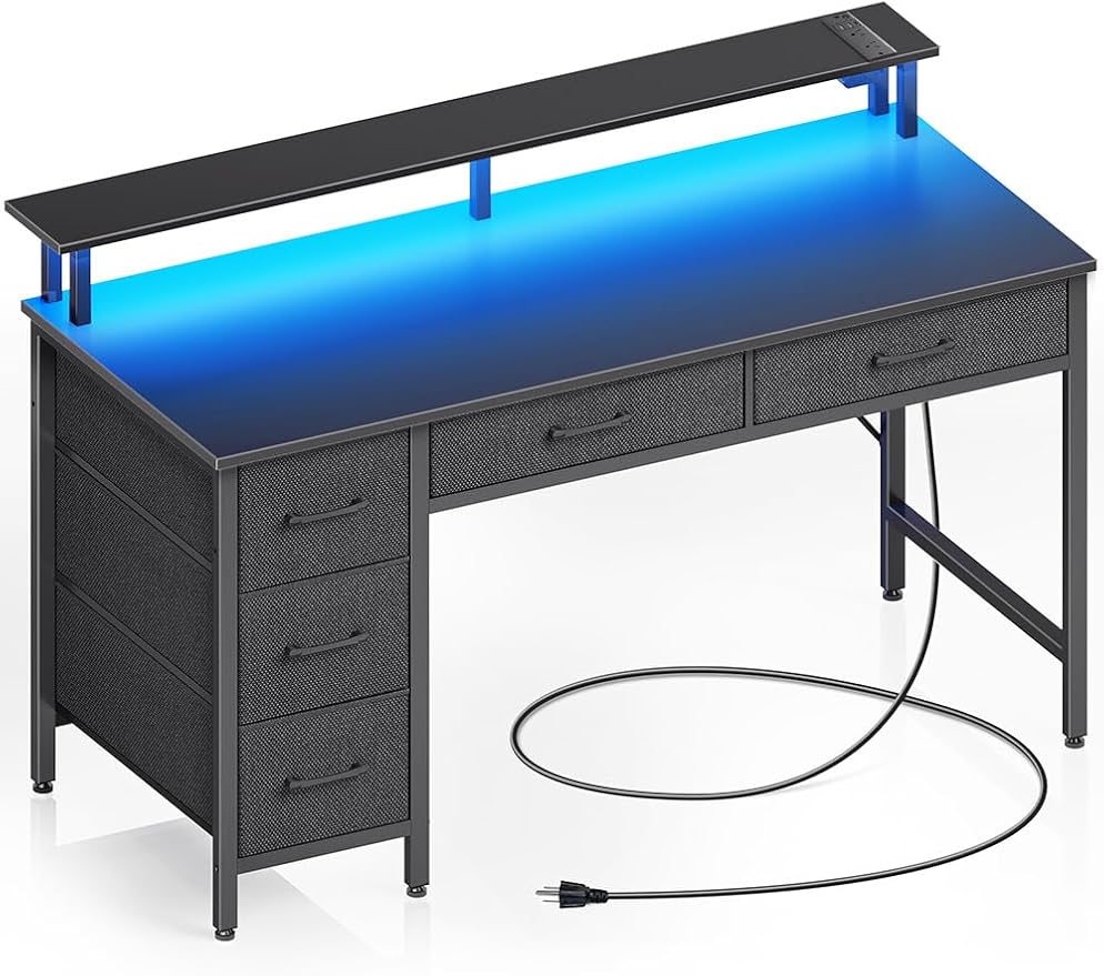 Seventable Computer Desk with Power Outlets & LED Lights, 47 inch Office Desk with Keyboard Tray & 5 Drawers, PC Desk/Work Desk/Computer Table for Home Office, Black