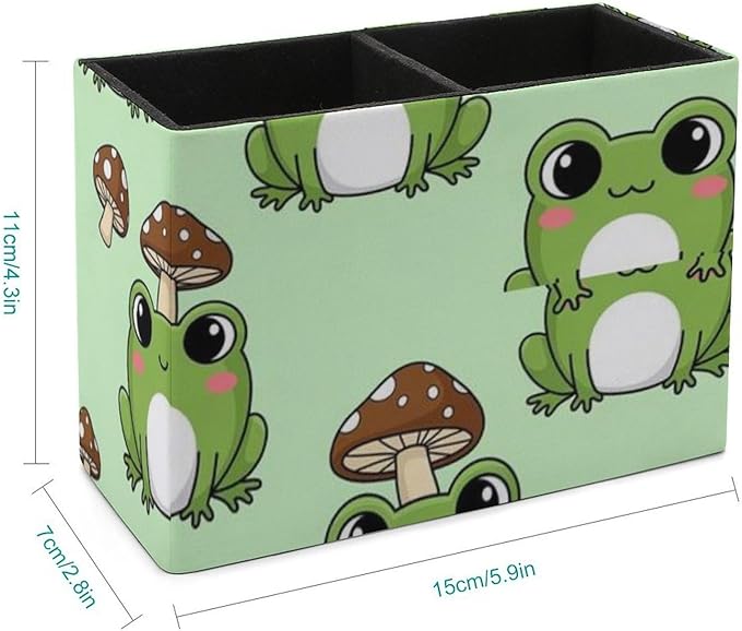 Square Pen Holder with Anti-Slip Bottom Cute Green Frog Mushroom, Practical and Chic Desk Organizer