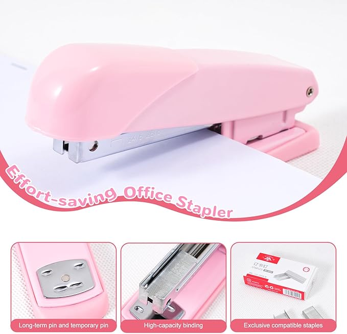 Pink Desk Accessories 12Pcs Set, Cute Office Supplies Decor for Women, 360° Rotating Pen Holder Organizer with Stapler, Tape Dispenser, Staple Remover, Staples, Tape, Clips Set, Ruler, Scissor, Pen