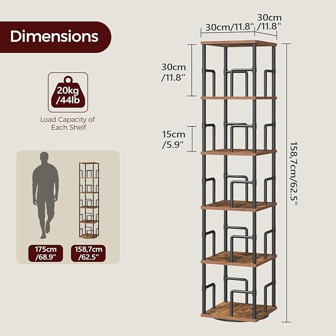 MAHANCRIS 5-Tier Rotating Bookshelf, Freestanding Corner Bookshelf, 360° Spinning Bookcase, Industrial Style Storage Rack with Rails, for Living Room, Bedroom, Study, Rustic Brown and Black BKHR1601