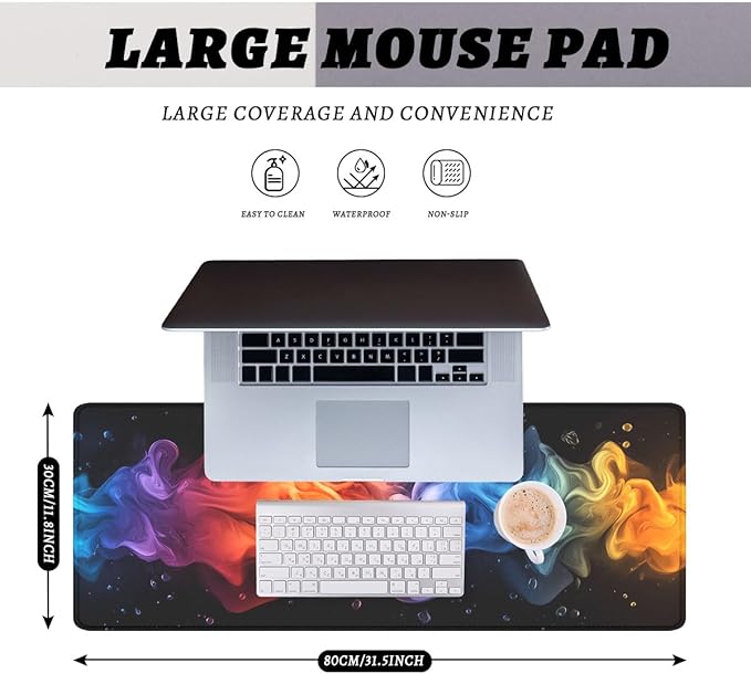 Abstract Gaming Mouse Pad Paint Swirl Neon Light Fluid Shape Large Gaming Mouse Mat with Stitched Edges,Non-Slip Waterproof Rubber Base Mous Mat 31.5x11.8 in