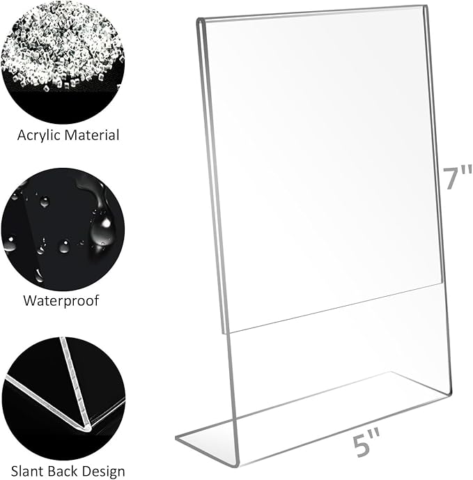 6 Pack Acrylic Sign Holder 5x7 for Picture Frames,Slanted Back Acrylic Sign Holders for Business & Store,Plastic Sign Holder,Menu Holder, Table Sign Holder for Office, Home, Store, Restaurant- Vertical