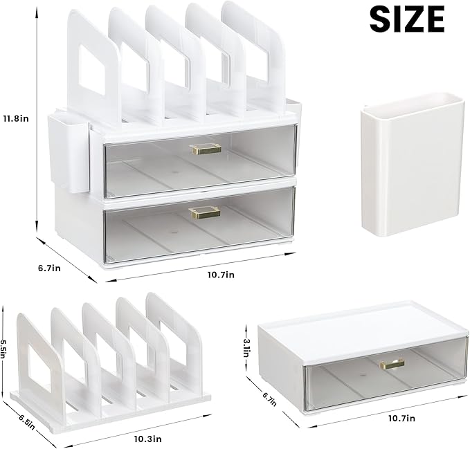 LALOBLUE Acrylic Desk Organizer with Drawer and Vertical File Holder, Desk Organizers and Accessories, Multi-Functional Office Supplies Organizer for Home or Work Desk, White
