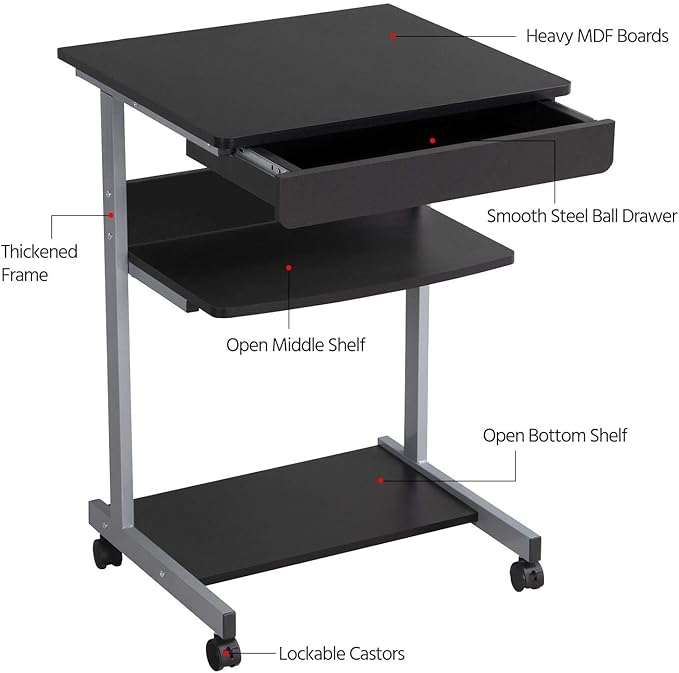 Topeakmart Mobile Compact Computer Desk Cart for Small Spaces, Work Workstation, Writing Desk Table with Drawers and Printer Shelf on Wheels