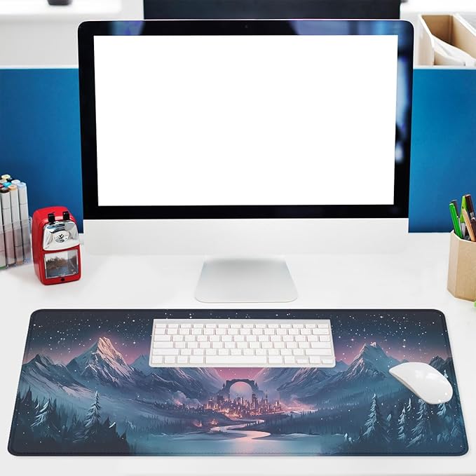 Fantasy City Mouse Pad Night Moon Mountain Landscape Extended Mousepad Waterproof Stitched Edges Rubber Base Non-Slip Deskmap Computer Keyboard Mat 31.5x11.8 Inch