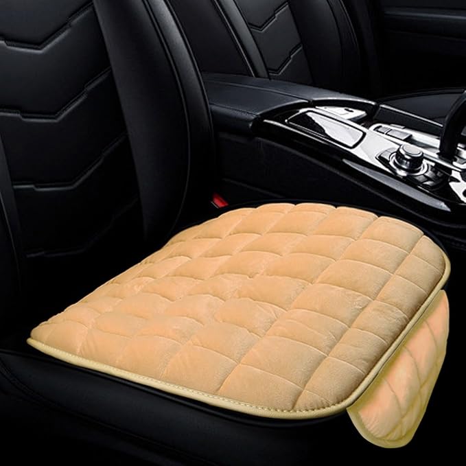 LAINLOY Car Seat Cushion, Soft Plush Vehicle Driver Seat Pad with Storage Pocket, Non-Slip Flat Rubber Bottom, Universal Seat Protector Cover for Truck, Car, SUV, Home, Office, Chair(Beige)