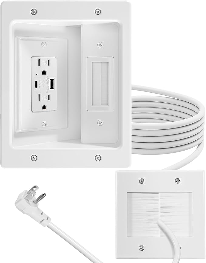 TV Cord Hider for Wall Mounted TV with Recessed Wall Outlet, in-Wall Cable Management Kit with 9.84ft Cord, DIY Installation Kit with Hardware (2AC + USB-A + USB C)
