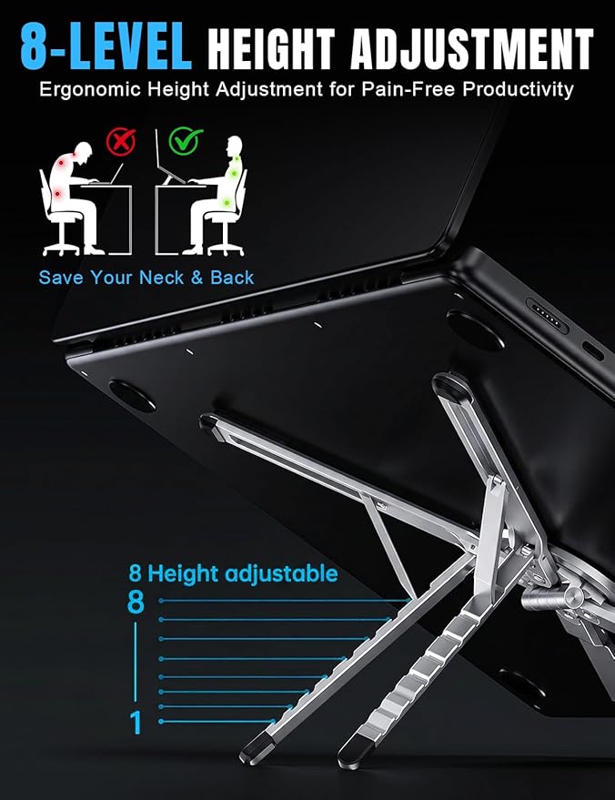 4-in-1 Foldable Laptop Stand & Magnetic Phone Holder, Silver Aerospace Aluminum Portable Desk Mount with N52 MagSafe Compatible Tripod Handle for MacBook Pro, iPad, Travel & Vlogging
