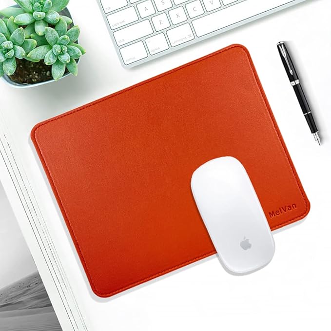MelVan PU Leather Mouse Pad with Stitched Edge, Wood Mousepad, Waterproof Gaming Mouse Pad Mat for Computers, Laptop, Office & Home, 10.2" x 8.3", 1 Pack (Orange)