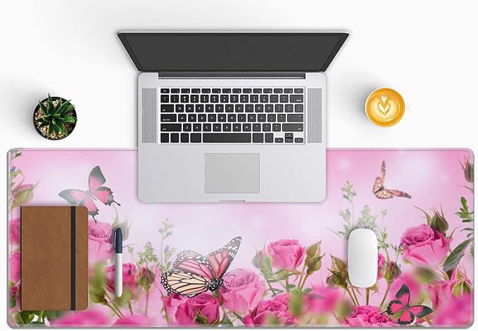 Mouse Pad Gaming, Large Mouse Pads for Desk, Keyboard Mouse Mat Desk Pad, Non-Slip Rubber Base with Stitched Edges Mousepad, 31.5x11.8in Roses Butterfly
