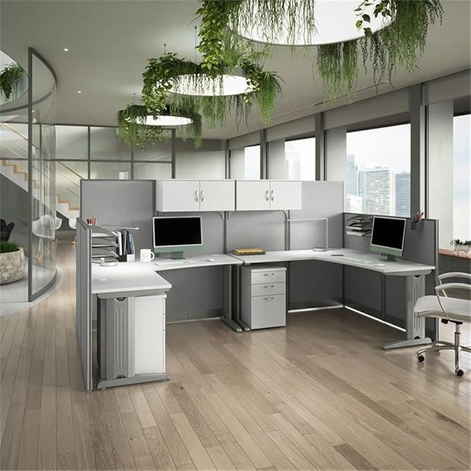 Bush Business Furniture Office in an Hour 2 Person L Shaped Cubicle Desks with Storage, Drawers, and Organizers in Pure White