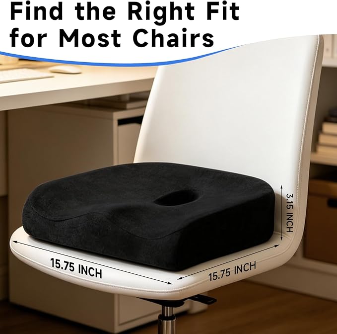 Memory Foam Seat Cushion with Center Cutout, Donut-Style Chair Cushion for Office Chair, Desk Chair and Long Sitting, Coccyx and Tailbone Comfort, Non-Slip Bottom, Removable Washable Cover, Black