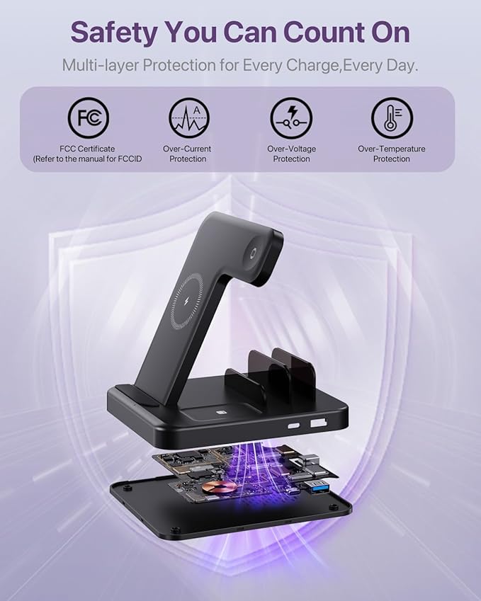 Multiple Devices Charging Station, 5-in-1 Charging Station for iPhone 17 Pro Max/Pro/Plus/16/15/14/13/12, iPad Pro/Air/Mini, Apple Watch and Airpods,Wireless Charging Dock(G805) (Lavender)