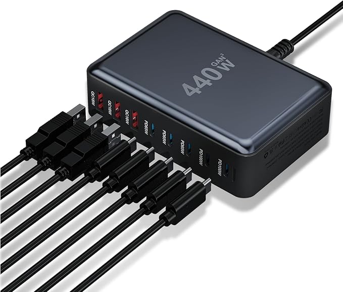 USB C Charger 440W USB C Charger Block,Upgraded GaN IV 8-Port Charging Station Hub,Travel Essentials 100W Fast Charging Laptop Adapter for MacBook Pro/Air,DELL,Steam Deck,iPhone 17/16,Galaxy S25/24