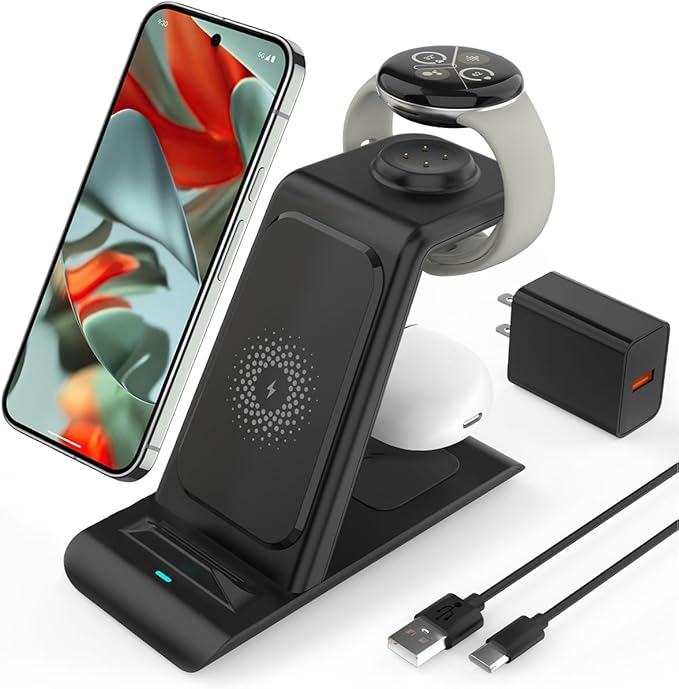 Upgraded 3 in 1 Wireless Charger for Google Pixel Watch 3/2, for Pixel 10 9/Pro/Pro XL/Fold,Buds Pro 2/Pro,Fitbit Versa 4/3,Wireless Charging Station for Multiple Devices (Not for Google Watch 4/1)