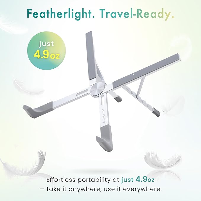 BELLEMOND Foldable Portable Laptop Stand | Ultralight Travel Riser | X-Frame Adjustable Aluminum | Fits MacBook, Dell, HP, Lenovo 10-17.3" | Carry Pouch | Midnight Black
