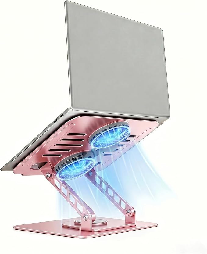 Laptop Stand with Cooling Fan, 360° Rotating Base Aluminum Laptop Riser, Foldable Ergonomic Computer Stand for Desk, Height Adjustable Notebook & All Laptops Up to 17.3" (Pink)