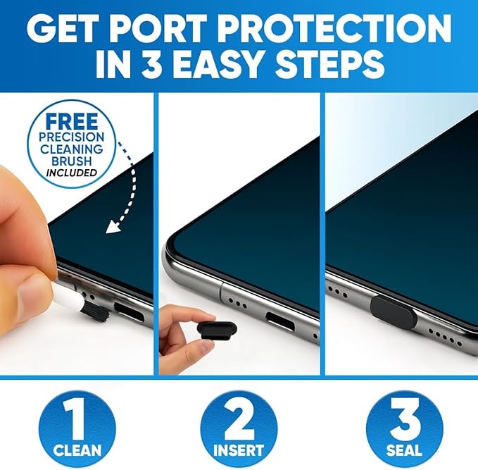 PortPlugs Anti Dust Plugs for iPhone, Compatible with Lightning Port, Low Profile with Cleaning Brush, Keeps Charging Port Clean from Dust Lint, Fits iPhone 14 to 7, iPad AirPods | Clear (10 Pack)