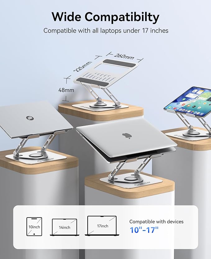 ORICO Adjustable Laptop Stand for Desk, 360° Rotating Base, Foldable Aluminum Alloy Computer Stand with Ventilated Design, Compatible with MacBook Neo/Air/Pro, Dell, XPS, HP up to 17'' - ST12, Silver