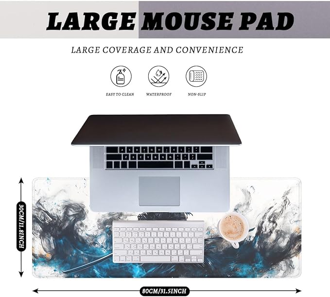 Dark Samurai Gaming Mouse Pad Japanese Legendary Armor Blue Flame Extended Mousepad Waterproof Stitched Edges Rubber Base Non-Slip Deskmap Computer Keyboard Mat 31.5x11.8 in