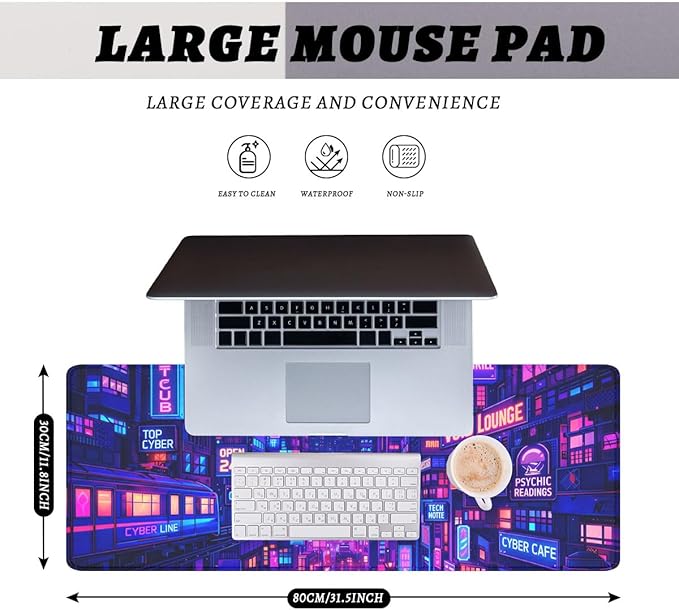 Cyber City Mouse Pad Neon Gaming Night Gaming Mouse Mat with Stitched Edges,Non-Slip Waterproof Rubber Base Mous Mat Office Computer Keyboard Laptop 31.5"x11.8"
