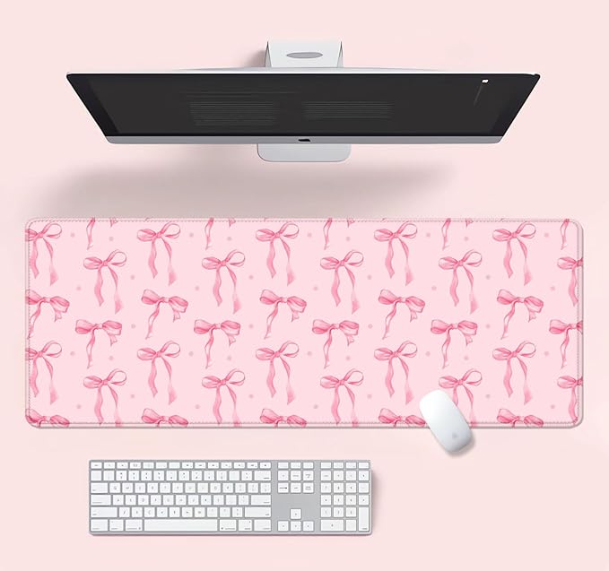 Pink Ribbon Bow Large Gaming Mouse Pad, Polka Dots Desk Mat Office Accessory, Light Pink Computer Mat, Non-Slip Rubber Base Laptop Pad for Girls Kids Desktop Decorative, 31.5 x 11.8 inches