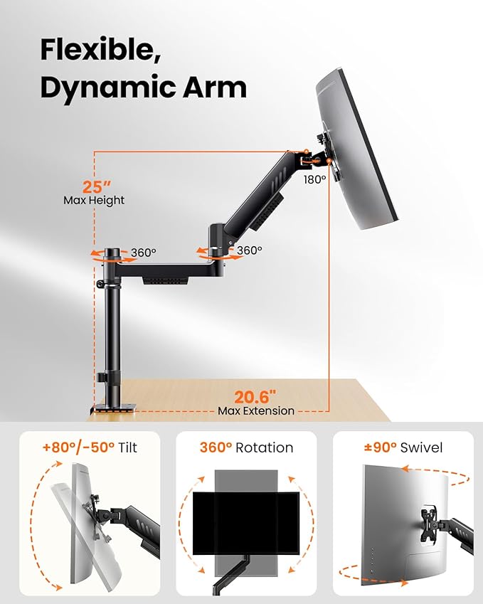ErGear Vertical Dual Monitor Stand, Stacked Monitor Mount for 13-33″ Screens, Up to 19.8 lbs per Arm, Enhanced Stability with Integrated C-Clamp, Upgraded Cable Management, VESA 75x75/100x100mm, Black