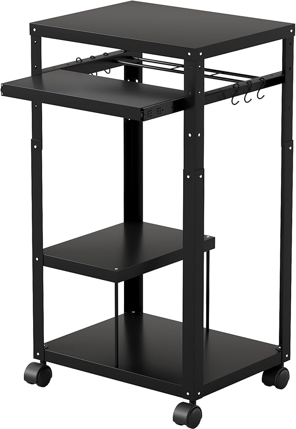 AV Presentation Cart with Keyboard Tray Mobile AV Cart Stand Metal Media Cart with Wheels for Projector Height Adjustable Computer Workstation Presentation Cart for School Classroom Office