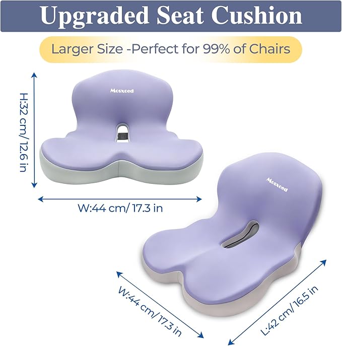 Memory Foam Seat Cushion for Sciatica & Back Pain Relief - Ergonomic Chair Pad with Adjustable Strap & Supportive Comfort Cover, Non-Slip for Car, Truck, Office Chair -Purple