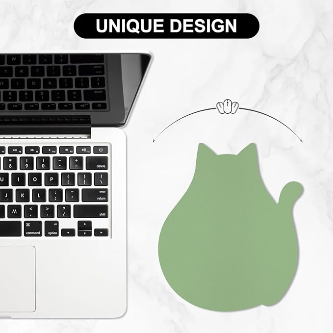 Funny Leather Mouse Pad Cute Cat Shape Office Desk Accessories Decor for Women Small Mousepad with Non-Slip Rubber Base Washable Waterproof, 9.7" x 8", Lake Green