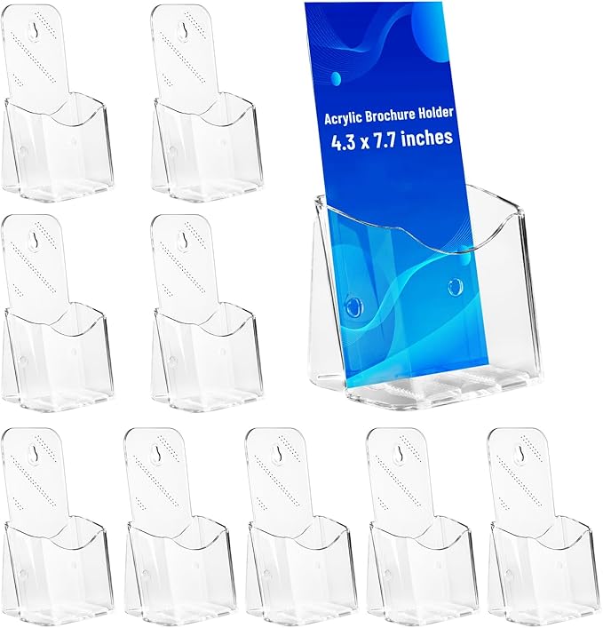 Brochure Display Stand,10 Pcs 4x9 Inches Acrylic Pamphlet Holder Stand,Wall Mount/Countertop Clear Plastic Trifold Rack Card Holders Organizer for Display Flyer,Post Card,Document,Literature