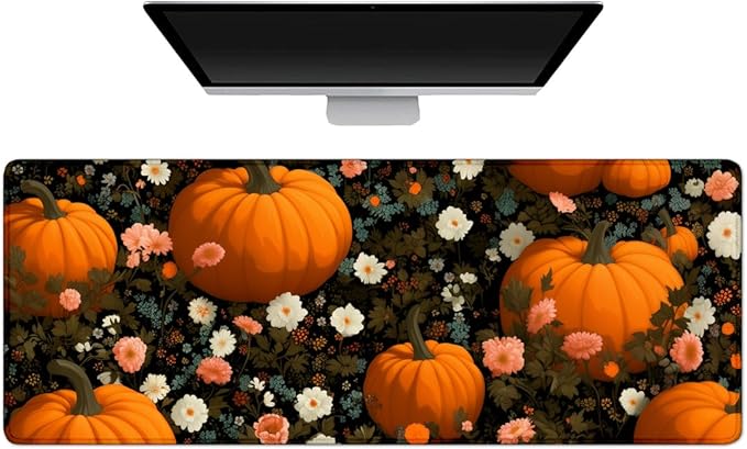 Gaming Mouse Pad Large Desk Mat Extended Keyboard Mouse Pad Mousepad with Non-Slip Base and Stitched Edge Mouse Mat Desk Pad Mouse Pads for Desk Home Office Gaming Pumpkin Flowers