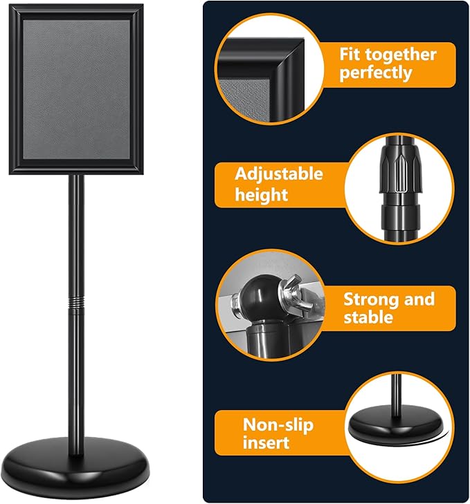 2 Pack Sign Holder Stand 8.5x11 inch, Height Adjustable Floor Standing Signage Stand with 360° Rotated Frame, Outdoor Indoor Poster Stand with Base for Business, advertising, Malls