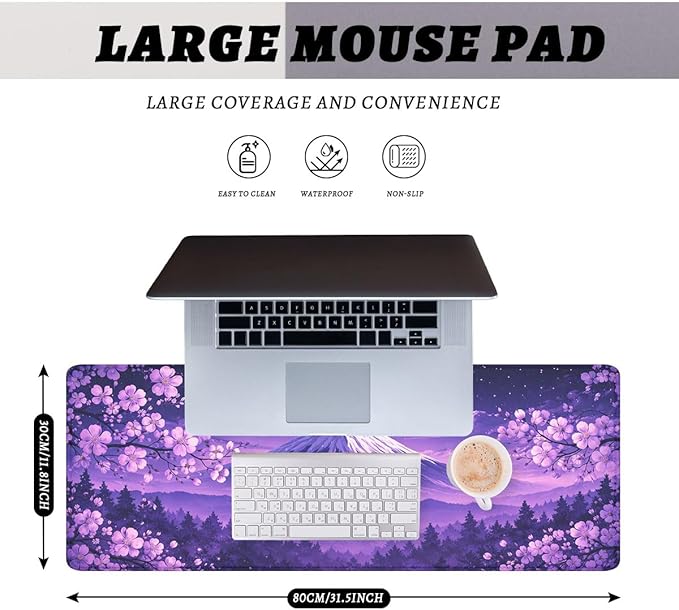 Cherry Blossoms Mouse Pad Mount Fuji Purple Sky Extended Mousepad Waterproof Stitched Edges Rubber Base Non-Slip Deskmap Computer Keyboard Mat 31.5x11.8 Inch