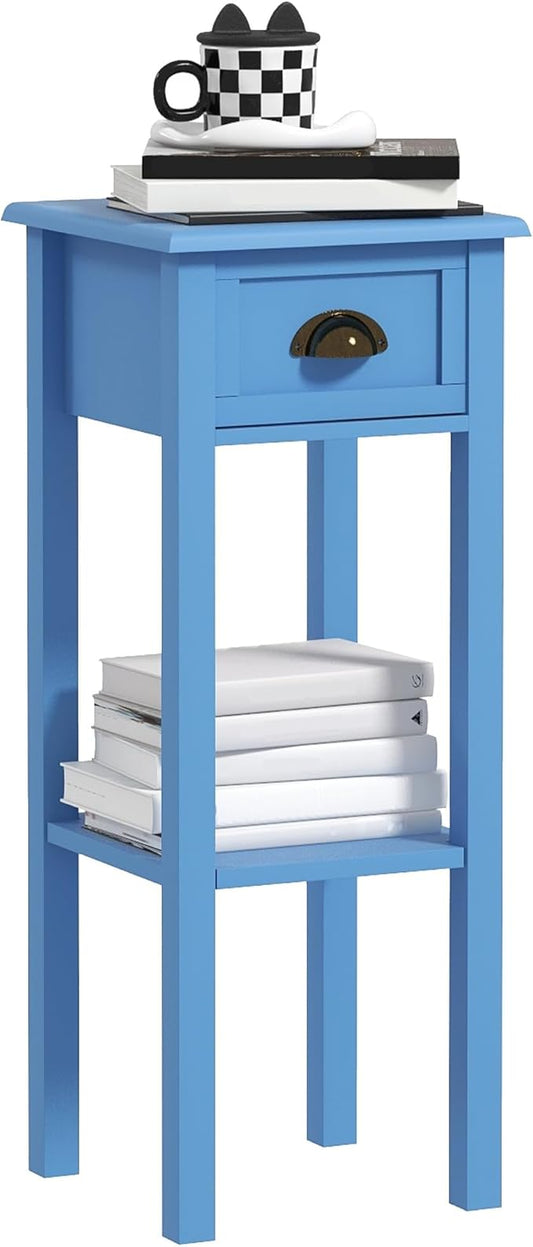 HOMCOM Narrow End Table with Drawer and Bottom Shelf, Slim Side Table for Small Spaces, Skinny Modern Space-Saving Accent Desk for Living Room, Set of 1, Light Blue