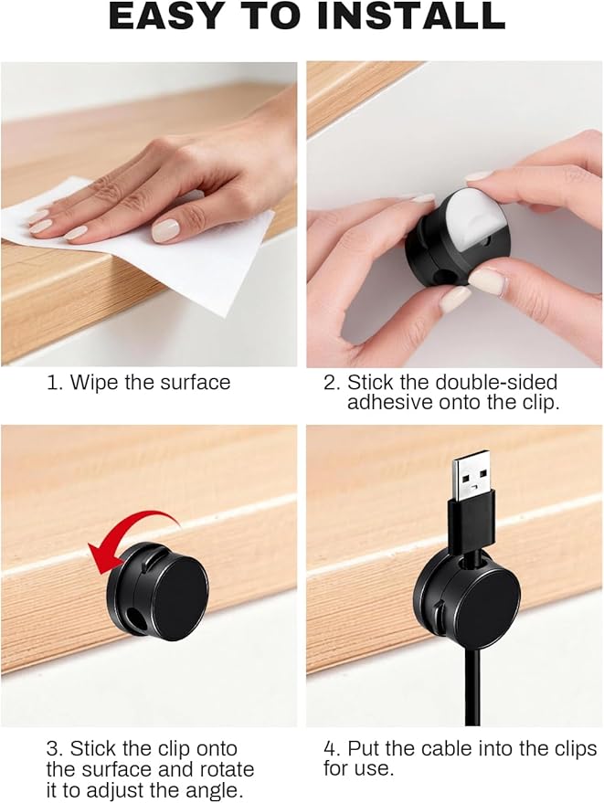 10Pack Magnetic Rotatable Cord Holder with Box, 360°Rotating Clips Cable Organizer for Nightstand, with No-Residue Strong Adhesive for Desk, Phone Cord for Home, Office, Car, Travel Accessories