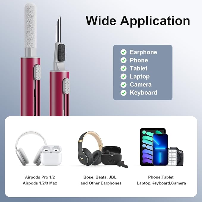 Hyashee Cleaner Kit for Airpods Pro 1 2 3 Multi-Function Cleaning Pen with Soft Brush Flocking Sponge for Bluetooth Earphones Case Cleaning Tools (Red)