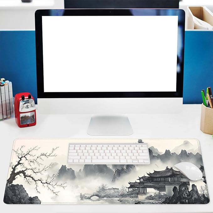Japanese Ink Gaming Mouse Pad Black White Zen Mountain Landscape Large Gaming Mouse Mat with Stitched Edges,Non-Slip Waterproof Rubber Base Mous Mat 31.5"x11.8"