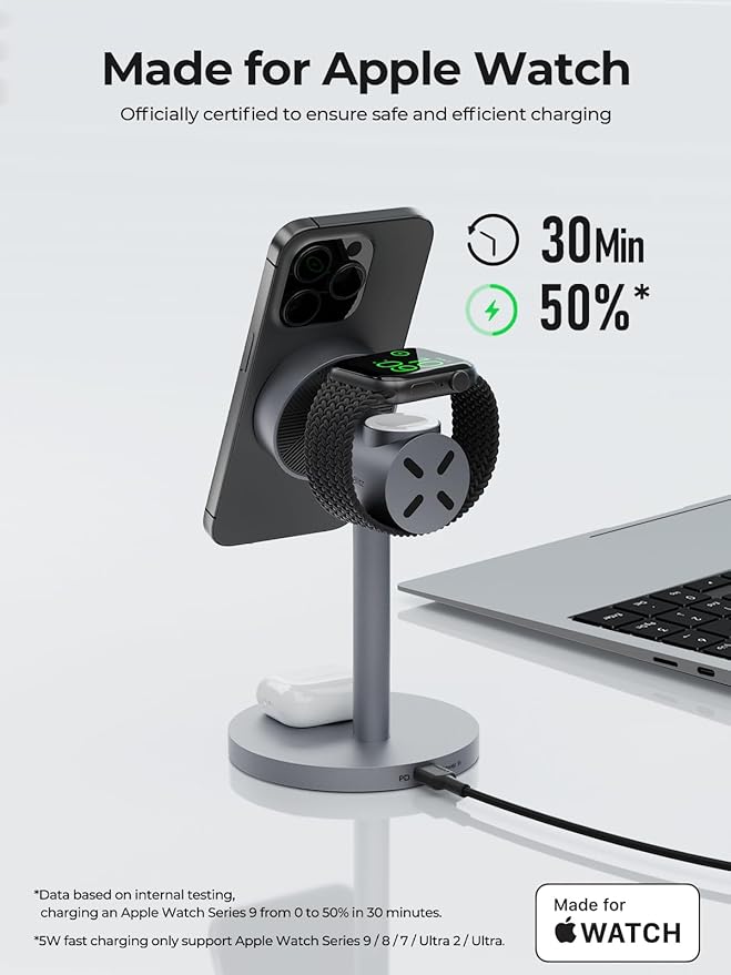 MagFusion 3-in-1 Charging Station Compatible with MagSafe, Qi2 Certified 15W Magnetic Wireless Charger Stand, for iPhone 17/16/15/14/13/12 Series, Apple Watch, AirPods(30W PD Charger Included)