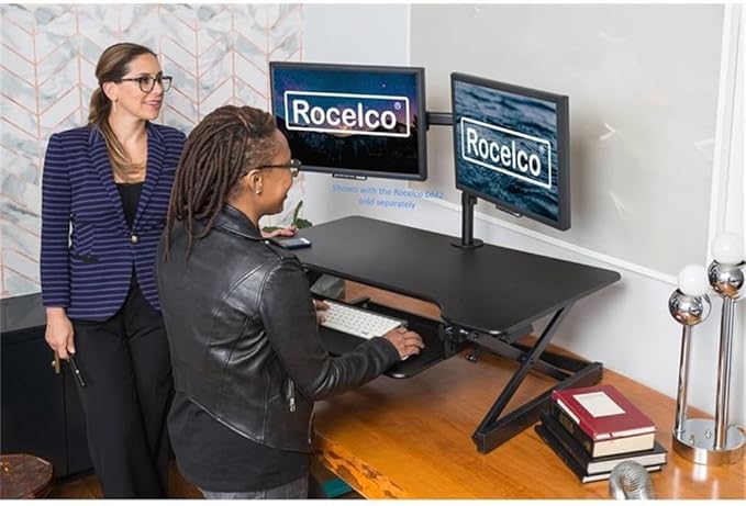 Rocelco 38" Large Height Adjustable Standing Desk Converter - Quick Sit Stand Up Dual Monitor Riser - Gas Spring Assist Tabletop Computer Workstation - Retractable Keyboard Tray - Black (R DADRB-38)