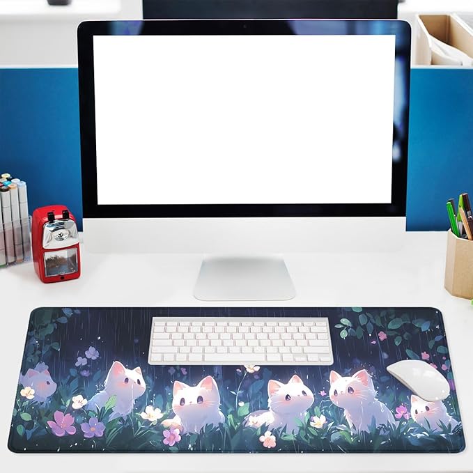 Animation Mouse Pad White Cat Rain Playing Flowers Plants Mousepad Extended Large Laptop Keyboard Non-Slip Rubber Base with Stitched Edges for Home 31.5x11.8 in