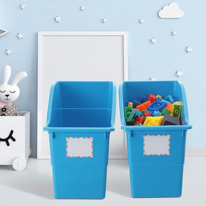 Suzile 12 Pcs Large Book Bins with Labels for Classroom Linking Plastic Storage Book Bins 12.5 x 7.5 x 5.5 Inch Folder Magazine File Holder Container Organizer for Classroom Library Office Home (Blue)