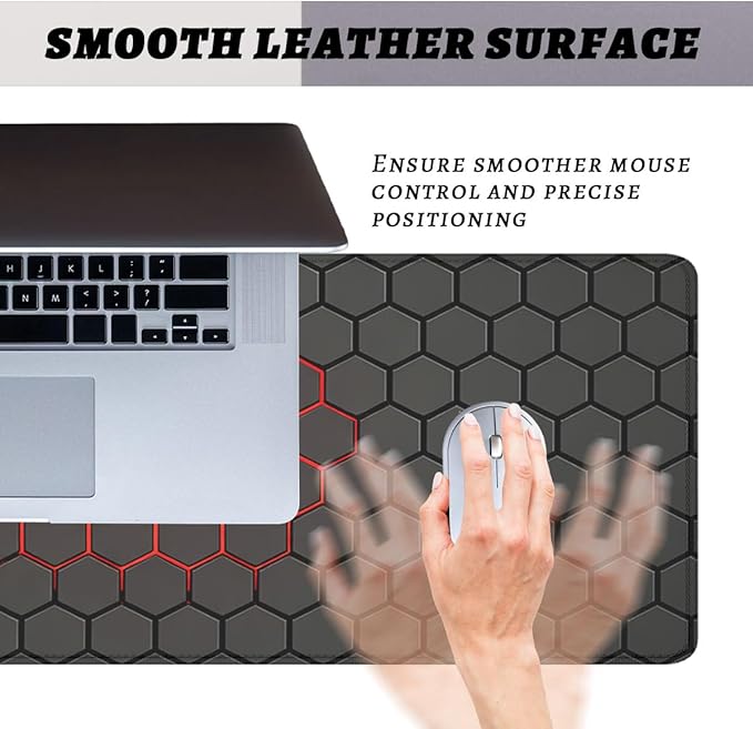Red Hexagon Mouse Pad Dark Gaming Tech Grid Large Gaming Mouse Mat with Stitched Edges,Non-Slip Waterproof Rubber Base Mous Mat 31.5x11.8 Inch