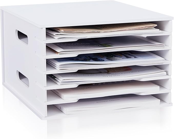 Juexica 6 Tier 8.5" x 11" Scrapbook Paper Organizer, White Cardstock File Organizer with Adjustable Shelves, Stackable Paper Trays, Desktop Storage Rack Document Holder for Desk Home Office